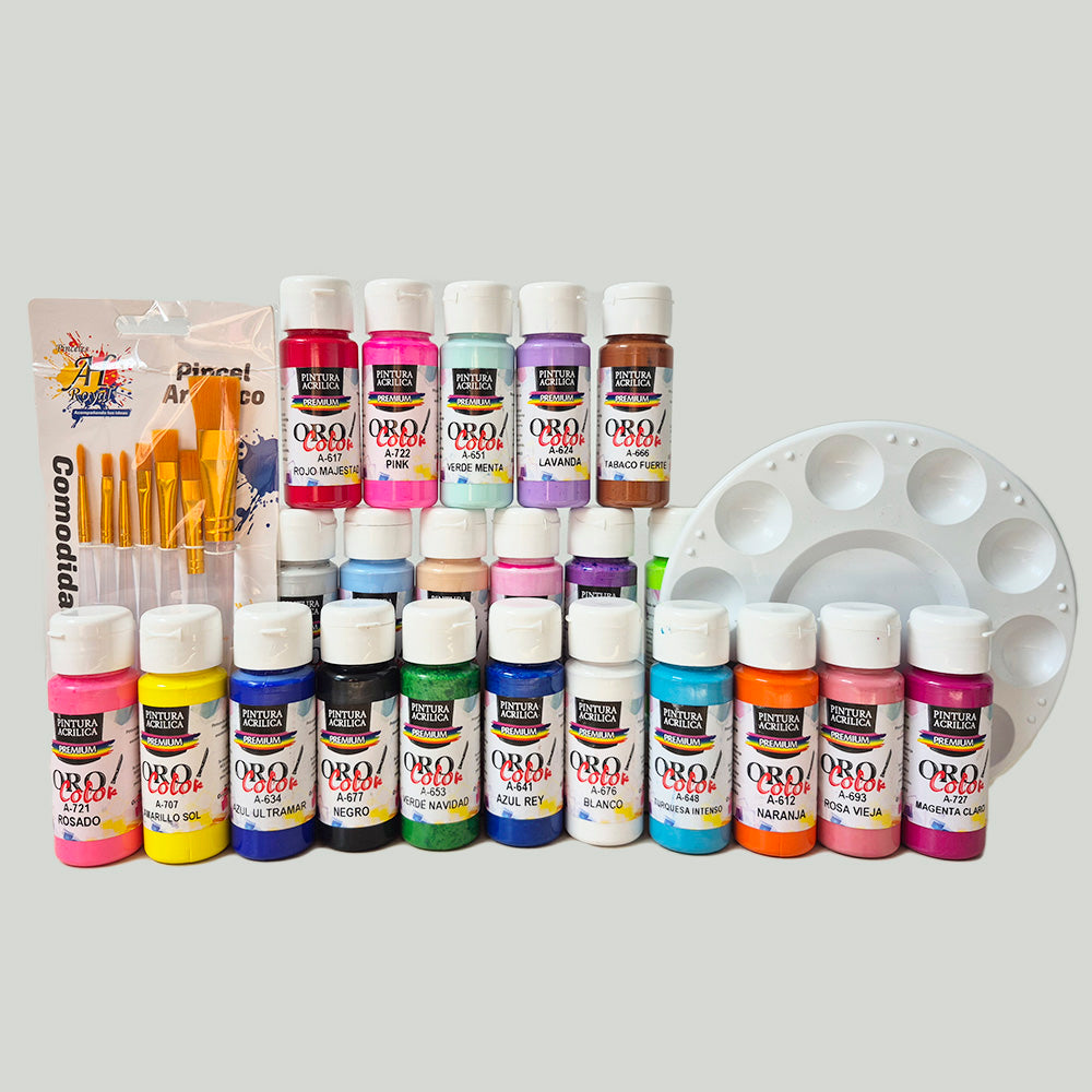 Kit 22 Tonos Acrílica Premium Orocolor 60ML + Paleta + Pincel