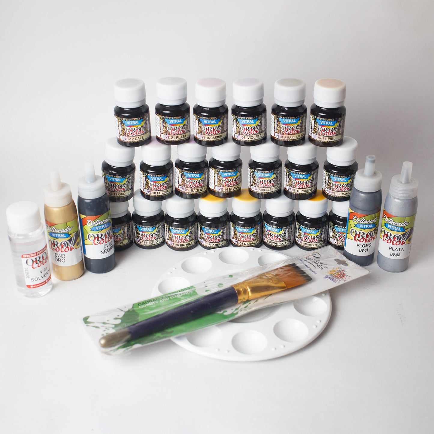 Kit Vitral Pro Orocolor + Delineadores + Pincel Y Paleta De Gift