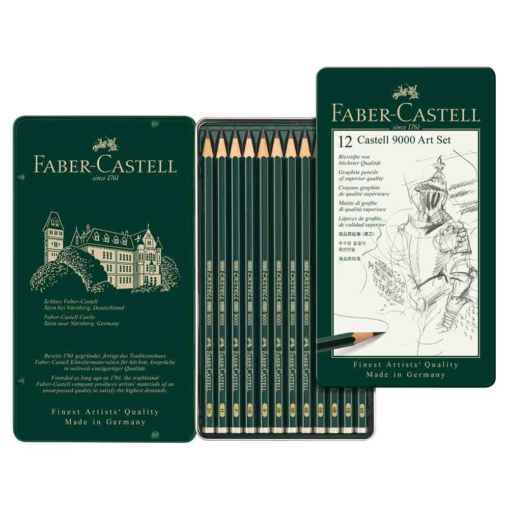 Lápices de Grafito Faber Castell 9000 Artset x12(Caja Metal)