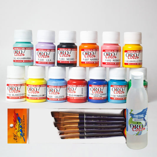 Kit 13 Tonos Pintura Acrilica Clásica Orocolor 30ml - Set Pinceles - Fastdil 120ml