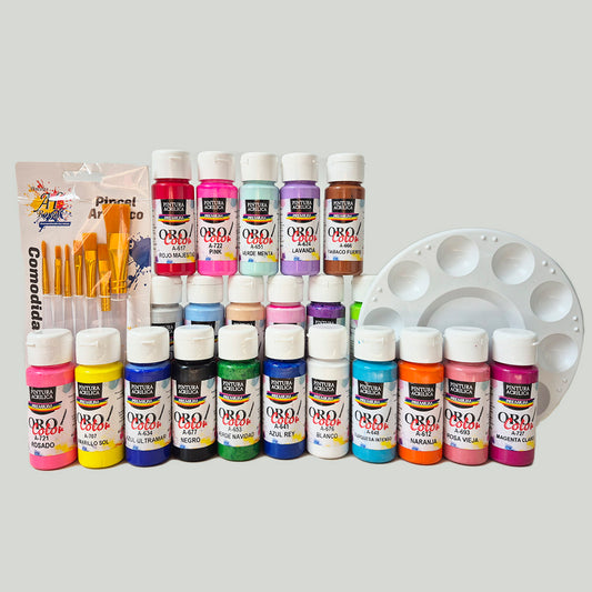 Kit 22 Tonos Acrílica Premium Orocolor 60ML + Paleta + Pincel