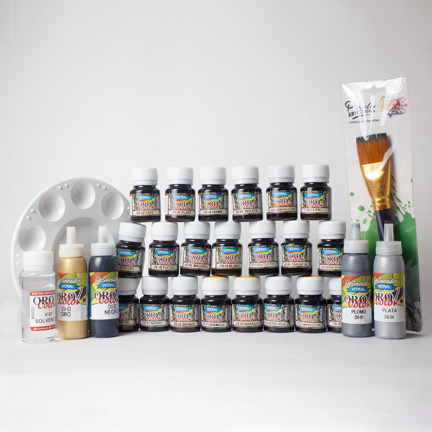 Kit Vitral Pro Orocolor + Delineadores + Pincel Y Paleta De Gift
