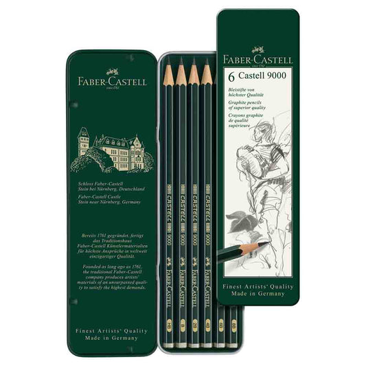 Lápices de Grafito Faber Castell 9000 set x6 (Caja Metal)